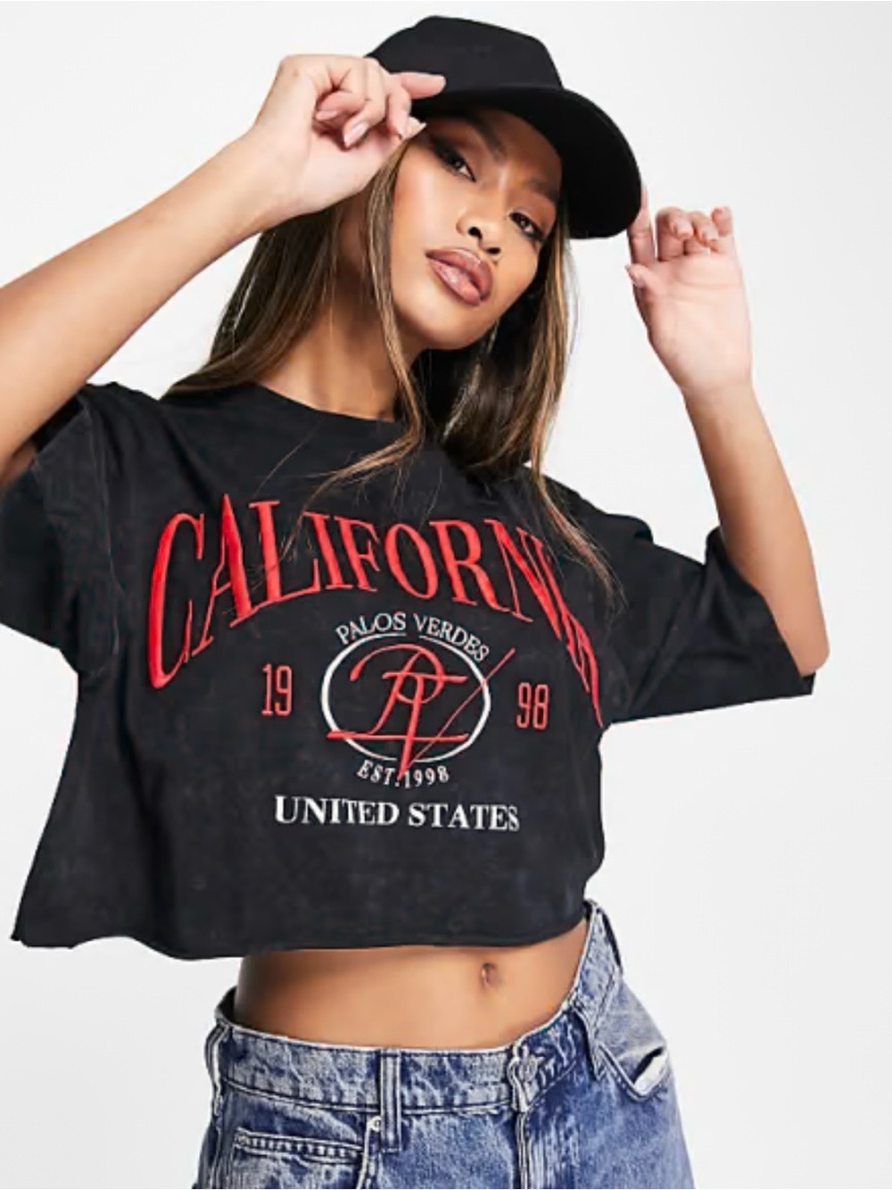 ASOS Design Boxy Crop Tee with Red California Embroidery in Washed Charcoal